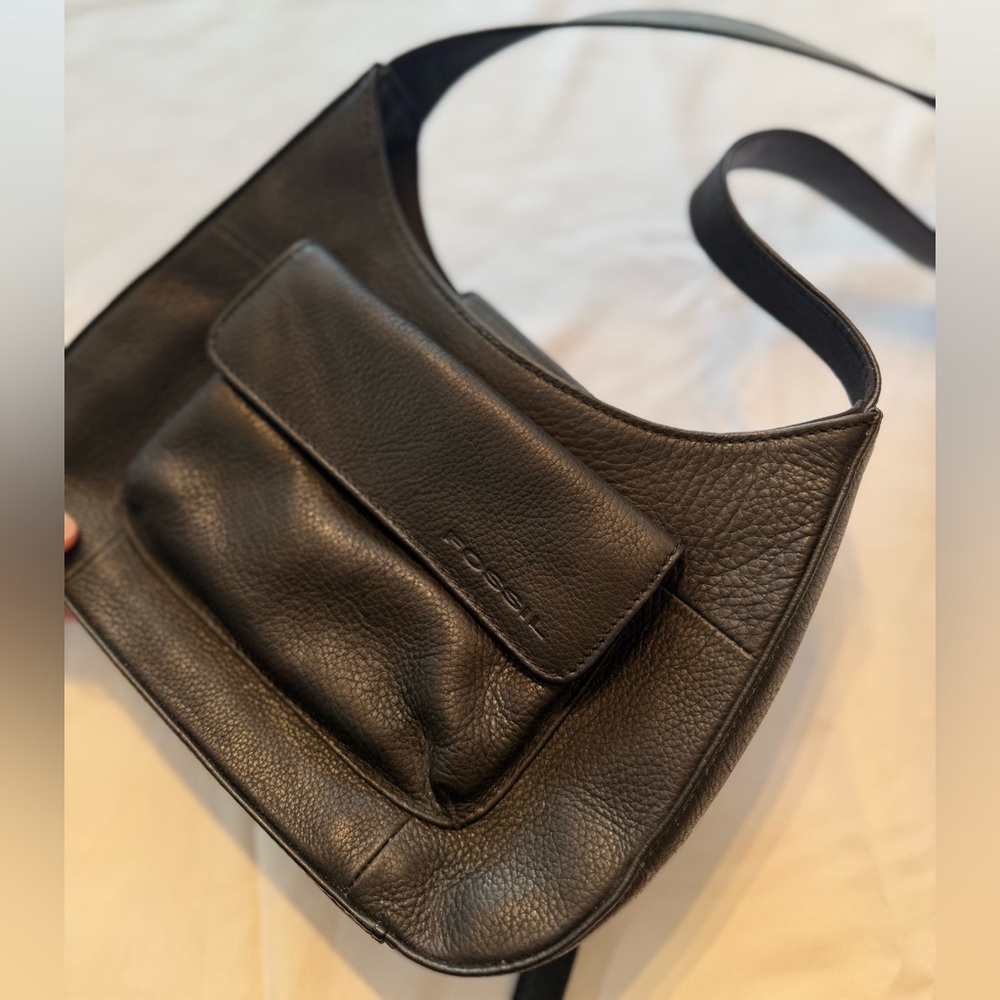 FOSSIL Vintage 90s Y2K Black Leather Edgy Grunge Moto Small Shoulder Bag